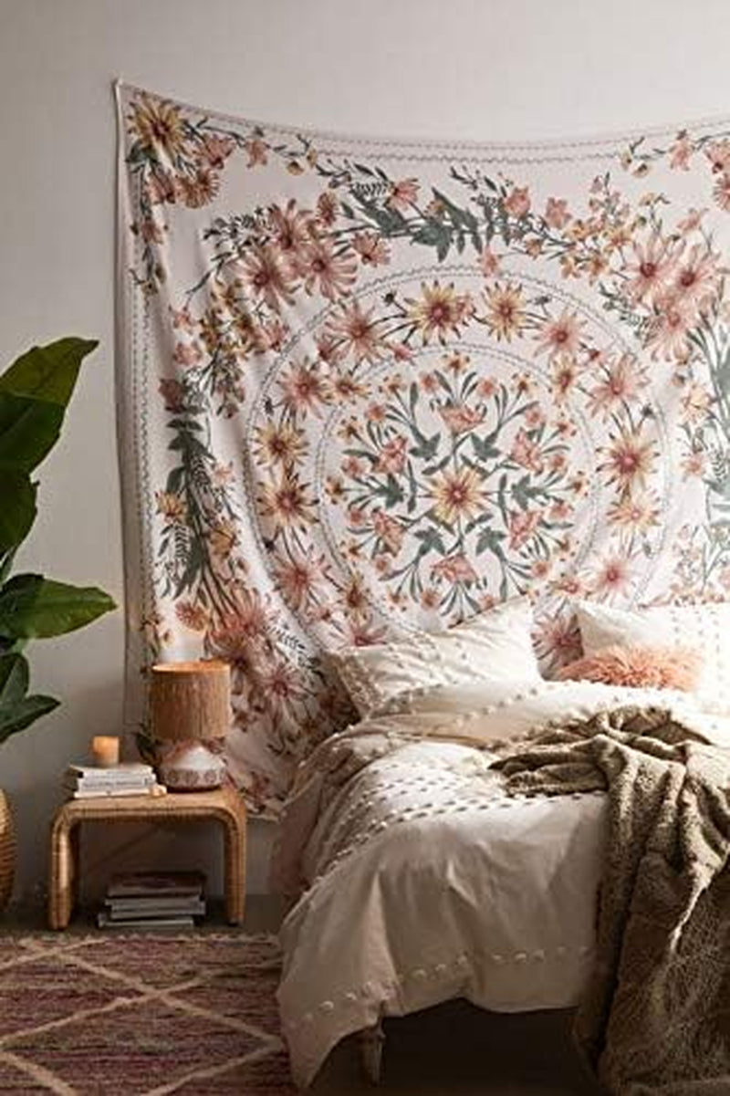 Beige Bohemian Tapestry Wall Hanging, Mandala Flower Medallion Hippie Tapestry with White Aesthetic Wreath Design, Psychedelic Hippie Wall Decoration Ceiling for Bedroom Dorm 150 X 170 Cm
