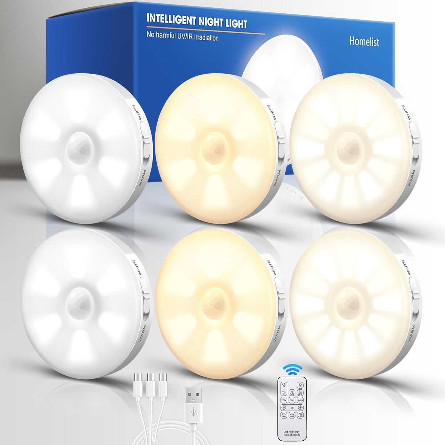 Motion Sensor Lights Indoor with Remote Control, 6 Pack Wireless Rechargeable Night Light LED Magnetic Stick on Wall Light, Battery Operated Stair Kitchen Cupboard under Cabinet Puck Light
