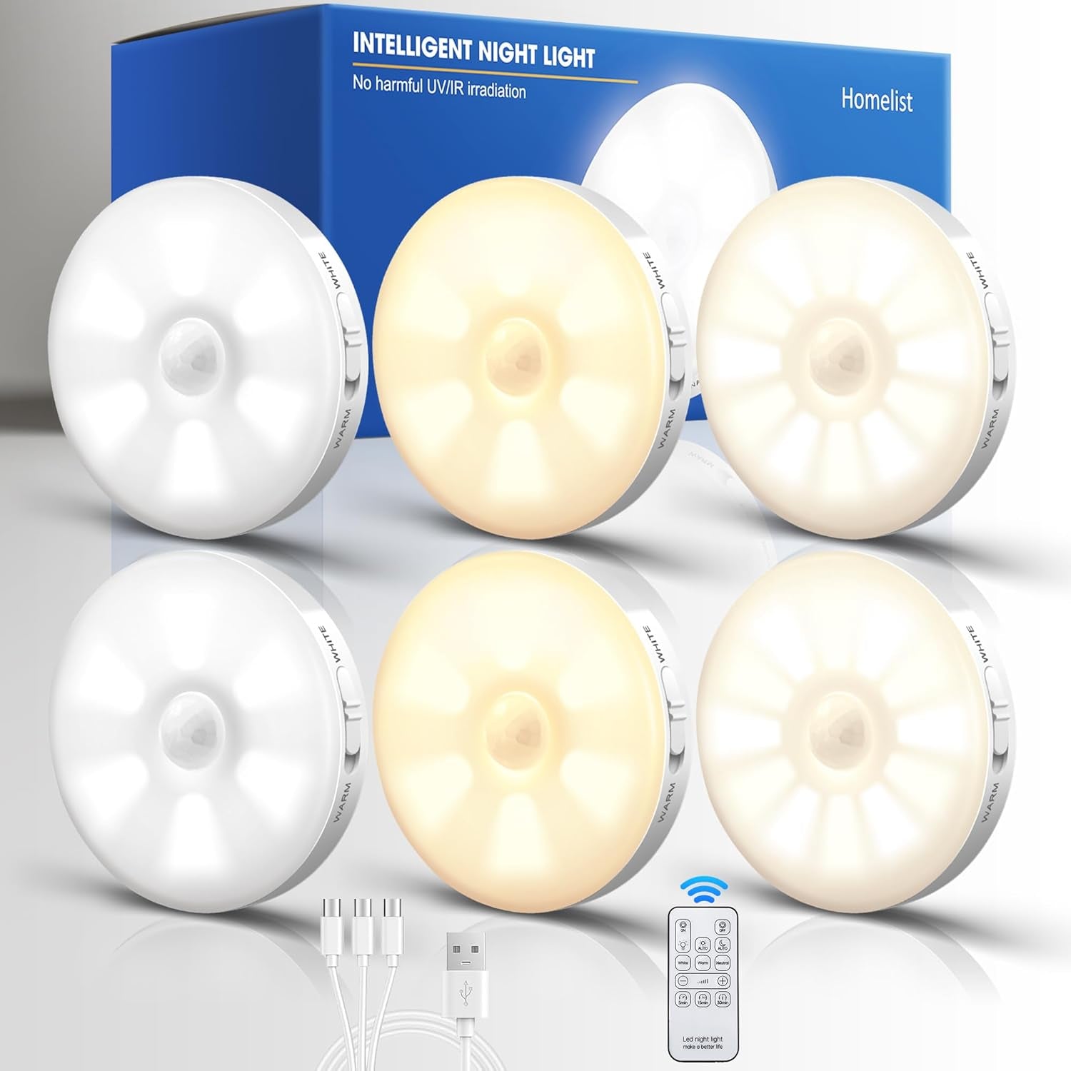 Motion Sensor Lights Indoor with Remote Control, 6 Pack Wireless Rechargeable Night Light LED Magnetic Stick on Wall Light, Battery Operated Stair Kitchen Cupboard under Cabinet Puck Light