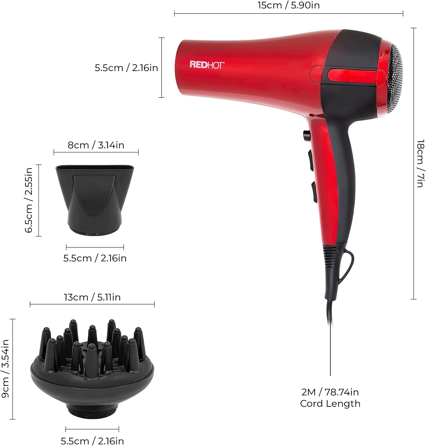37010 2200W Professional Hair Dryer with Diffuser & Concentrator Nozzles/Dual Styling Options / 3 Heat Settings, 2 Speed Settings & Cool Air Mode/Salon Quality/Red Coloured