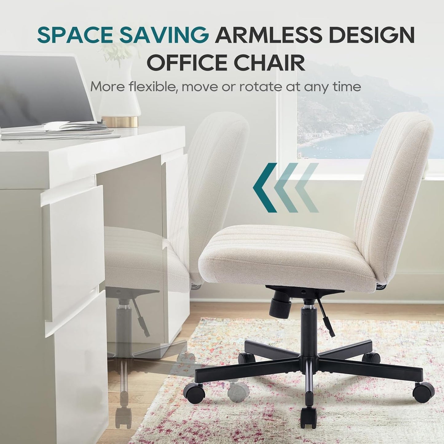 Wide Office Chair, Padded Armless Task Vanity Chair Swivel Home Office Desk Chair 115°Rocking Mid Back Ergonomic Computer Chair for Home Working, Make Up, Gaming (With Wheels, Beige)