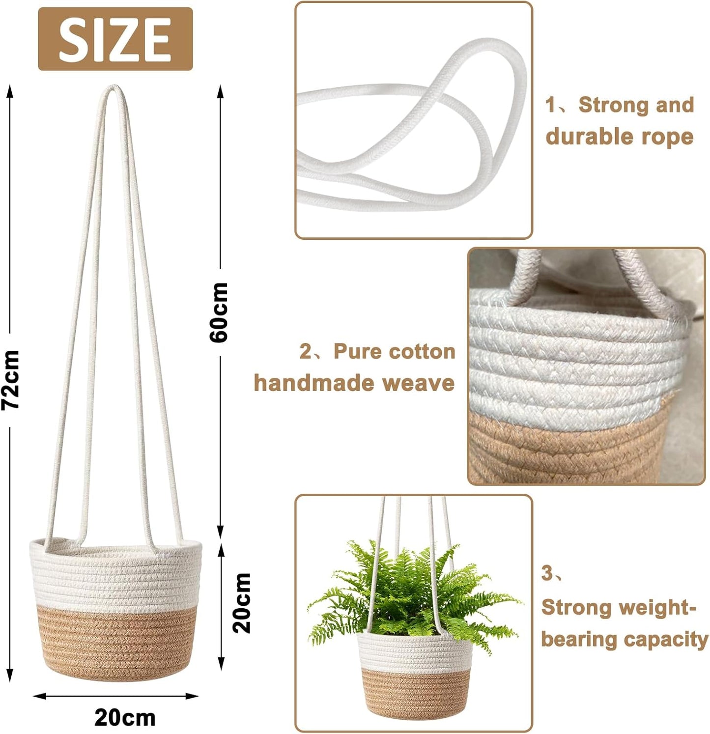 Plant Hangers Hanging Basket Planter Flower Pot Cotton Rope Woven Baskets 72Cm Wall Hanging Planter Ceiling Plants Holder Indoor Outdoor Flower Pot Storage Hanger Decorative for Home Garden