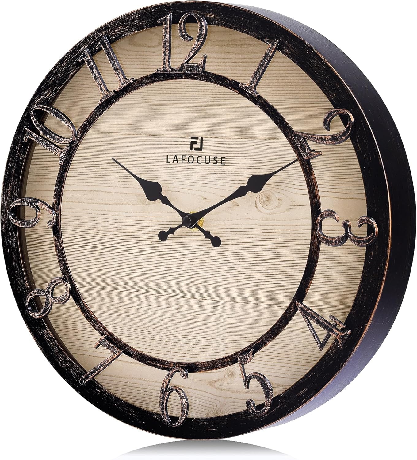 Silent Black Rustic Farmhouse Wall Clock with Raised 3D Arabic Numerals for Home Decor 12 Inch, Battery Operated Shabby Chic Kitchen Wall Clocks Decorative for Living Room Bedroom Office