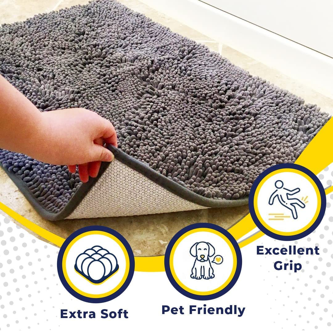 AS-SEEN-ON-TV Highly Absorbent Microfiber Door Mat and Pet Rug, Non Slip Thick Washable Area and Bath Mat Soft Chenille for Kitchen Bathroom Bedroom Indoor and Outdoor - Grey Medium 30"X19"