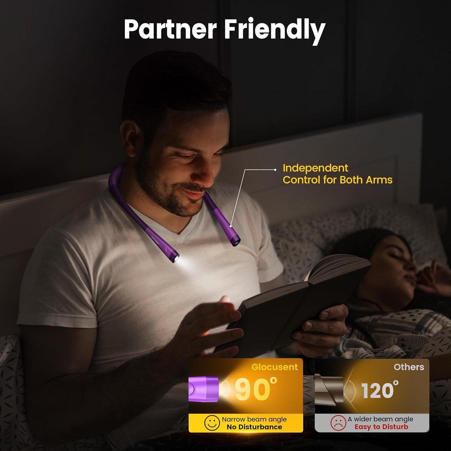 LED Neck Reading Light, Book Light for Reading in Bed, 3 Colors, 6 Brightness Levels, Bendable Arms, Rechargeable, Long Lasting, Perfect for Reading, Knitting, Camping, Repairing