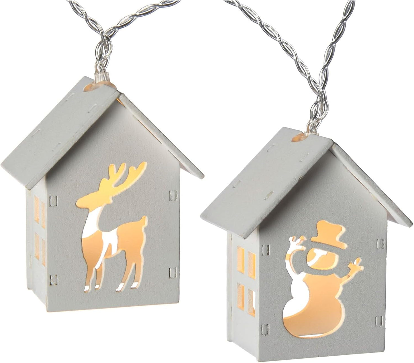 Reindeer and Snowman Wooden House Light String with 10-LED - White