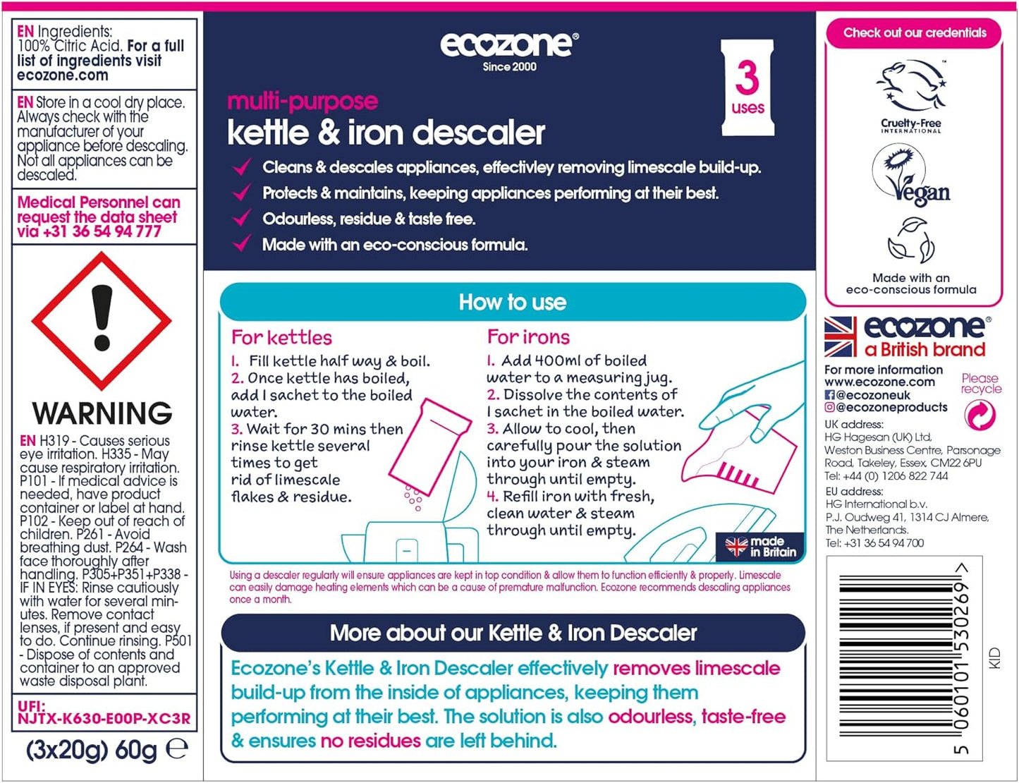 Kettle and Iron Descaler, Internal Cleaner & Scale Remover for Kitchen & Home Appliances, Limescale Prevention Sachets, Easy to Use, Natural Vegan & Non Toxic Eco-Safe Formula (3 Treatments)
