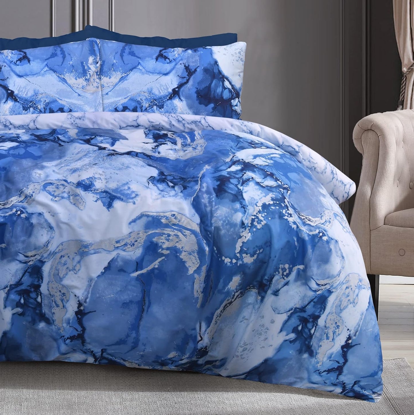 Metallic Marble Sparkle Glitz Blue Silver Reversible Soft Easy Care Duvet Cover Quilt Bedding Set with Pillowcase - Single (135Cm X 200Cm)