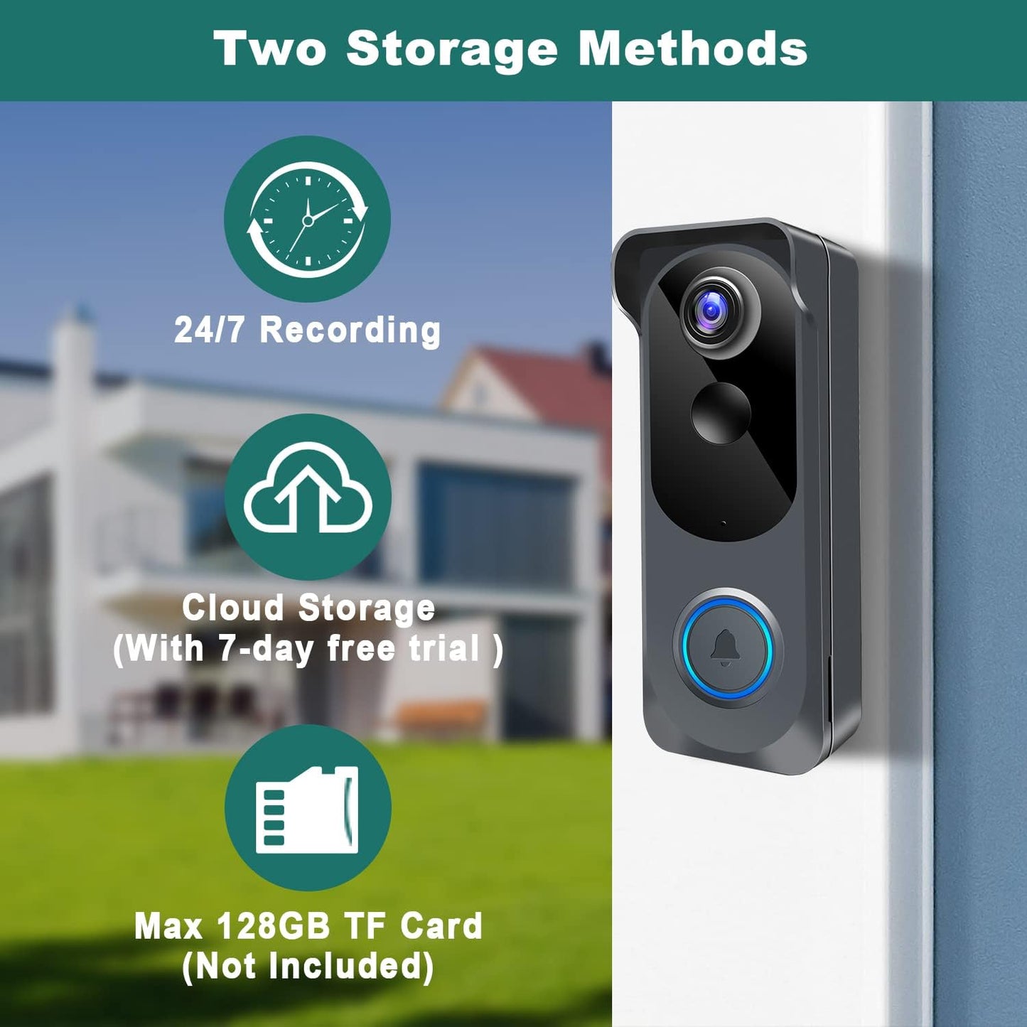 Wireless Video Doorbell Camera with Chime, Voice Changer/Message, PIR Motion Detection, Instant Alerts, 2-Way Audio, 2K HD, Night Vision, 2.4G Wifi, IP66, Battery Powered, Works with Alexa