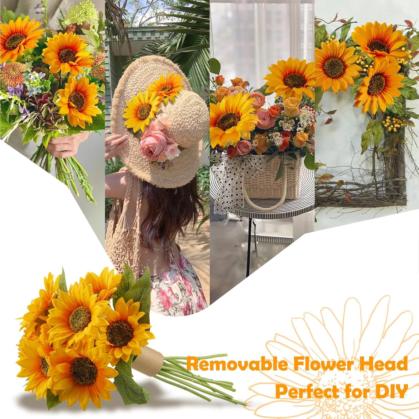 Artificial Sunflowers, 10Pcs Large Single Stem Silk Fake Sunflowers Ideal for DIY Craft/Wedding/Birthday Party/Outdoor/Office/Home Decoration(No VASE)