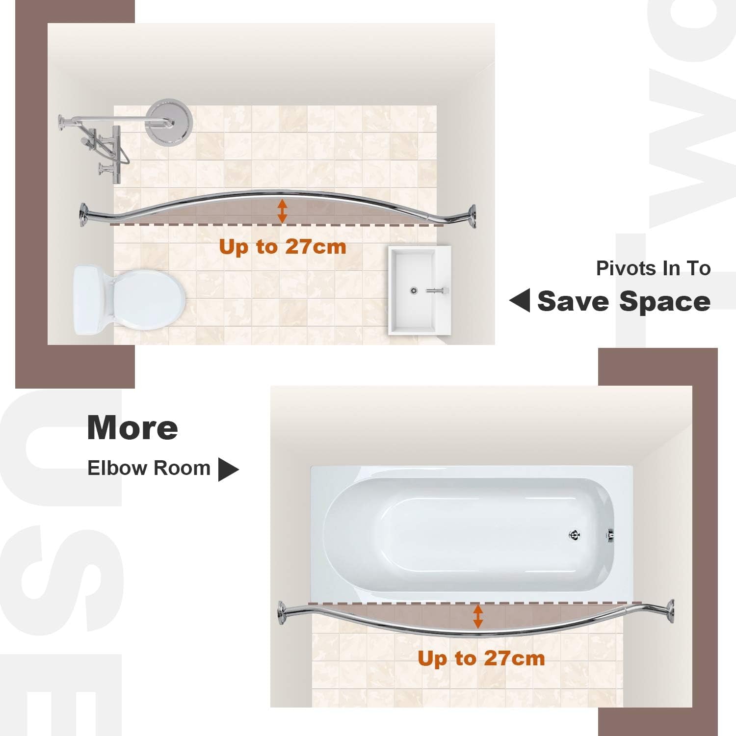 Curved Shower Rod Stainless Steel Adjustable 112-180Cm, Telescopic Shower Curtain Pole Extensible Shower Rail Including Fittings (Chrome)