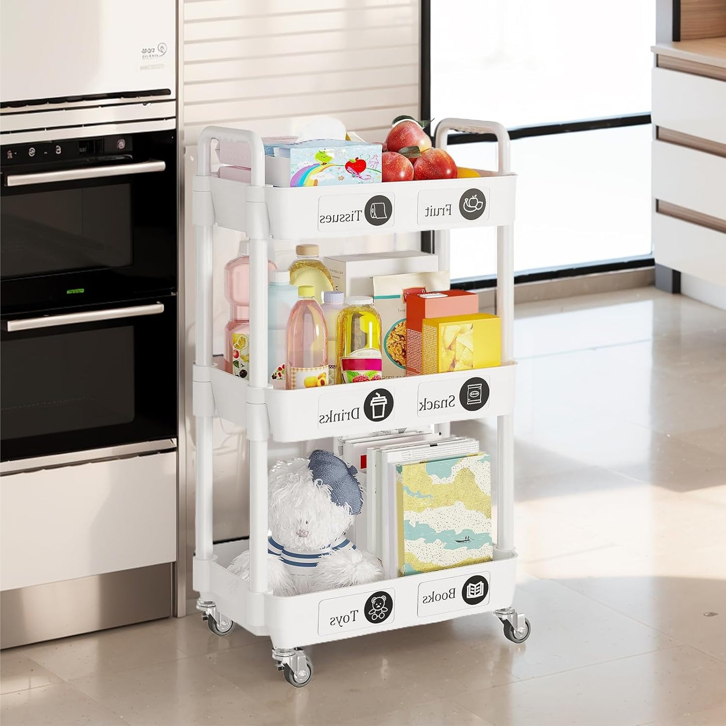 3-Tier Rolling Storage Cart with Lockable Casters, Beauty Trolly,Bathroom Trolley, Multifunctional Storage Trolley,White