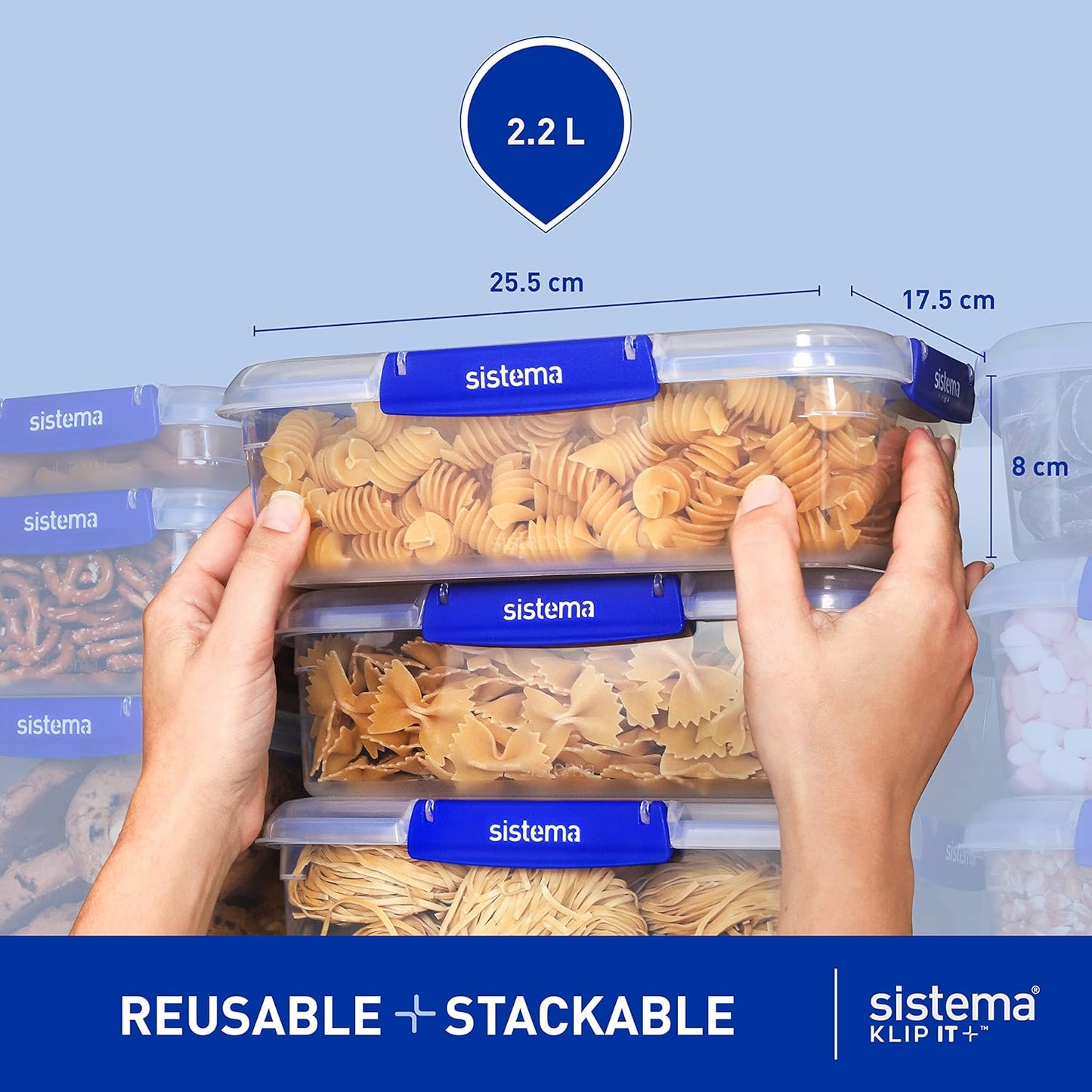KLIP IT plus Leakproof Food Storage Containers | 2.2 L | Airtight, Stackable & Nestable Meal Prep Containers with Lids | School Lunch Boxes | Bpa-Free | 3 Count, Blue