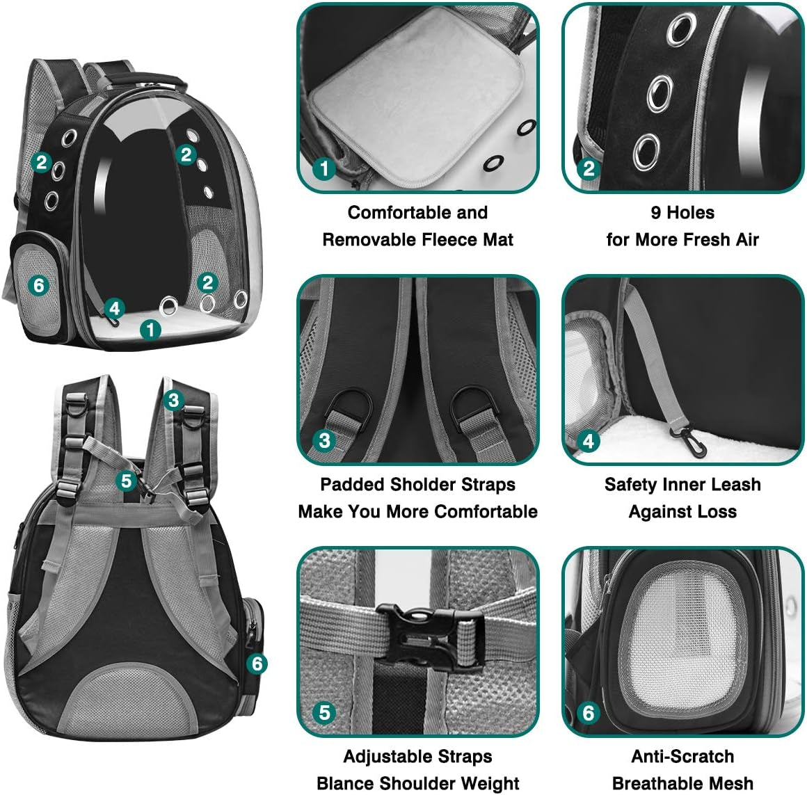 Cat Carrier Backpack, Pet Carrier Backpack Front Pack for Small Medium Cat Puppy Dog Carrier Backpack Bag Space Capsule, Pet Carrier for Travel Hiking Walking Camping (Black)