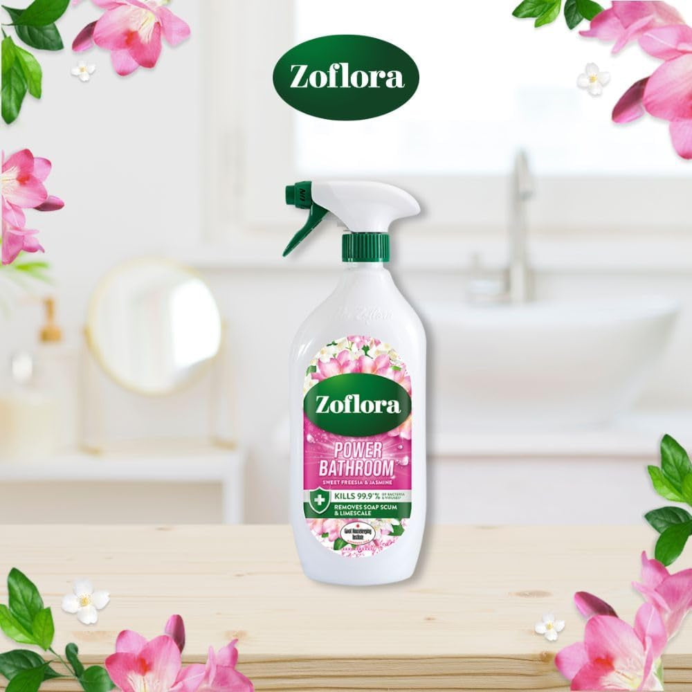 Sweet Freesia & Jasmine Power Bathroom Cleaner, Removes Soap Scum, Limescale Remover & Prevention, Antibacterial Multi-Surface Bathroom Spray, Kills 99.9% of Bacteria & Viruses, 1 X 800 Ml