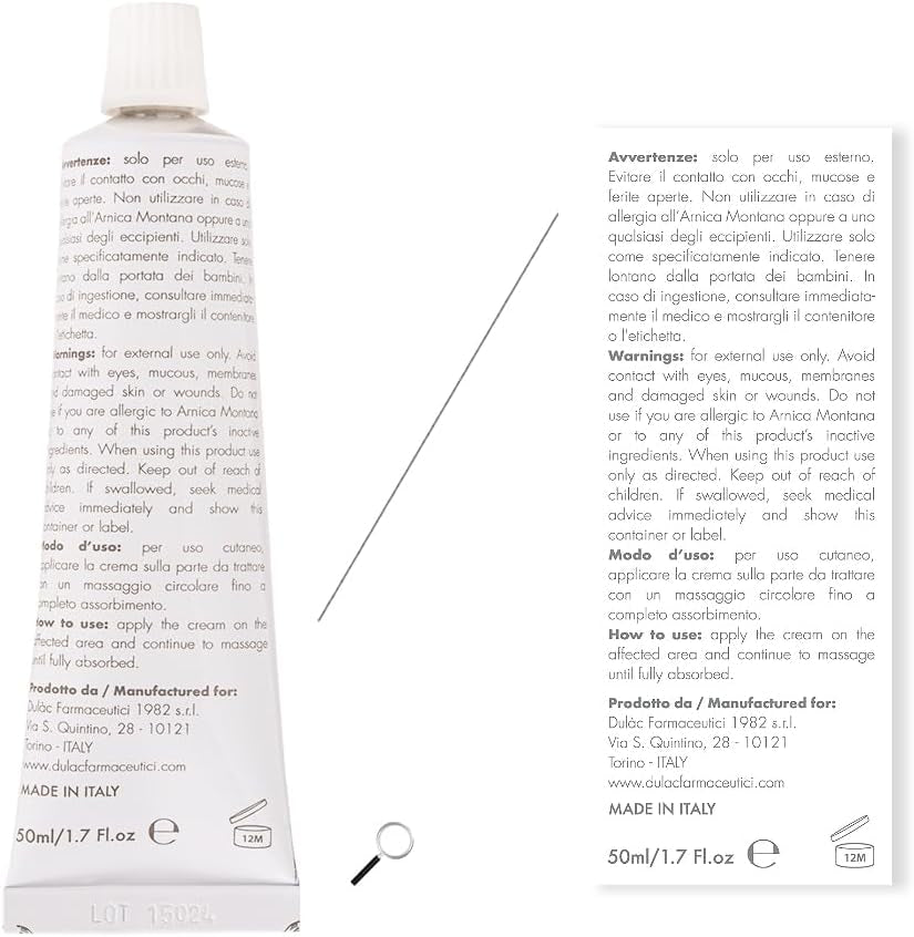 Dulàc - Arnica Cream for Bruising and Swelling 50 Ml, Rich in 35% Organic Arnica Montana Extracts, Bruise Cream Extra Strong Also Ideal for Muscle and Joint Relief, Swelling and Edema