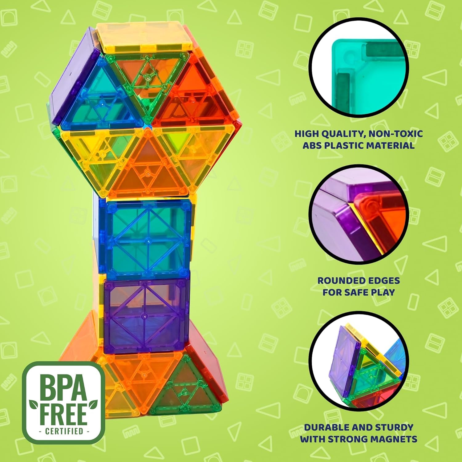 Magnetic Tiles - 100 Piece Set + 4 Play Figures + Storage Bag - Magnetic Building Blocks for Kids - Educational STEM Magnet Toys for 3, 4, 5, 6, 7 Year Old Boys & Girls - Magnetic Shapes