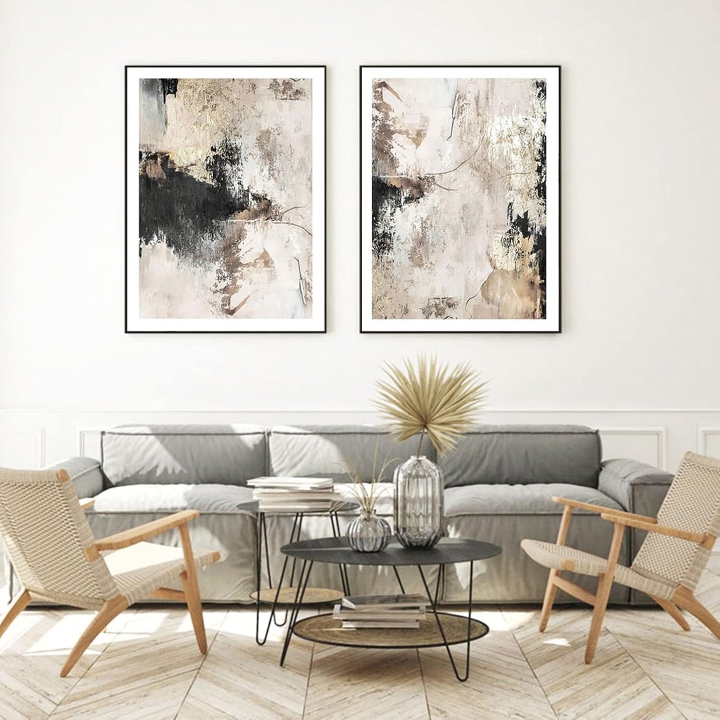 Modern Abstract Beige Canvas Wall Art Black Grey Beige Abstract Painting Black Beige Brown and Gray Decor Poster for Living Room Gold Foil Black and White Modern Canvas Wall Art 16X24Inchx3 No Frame