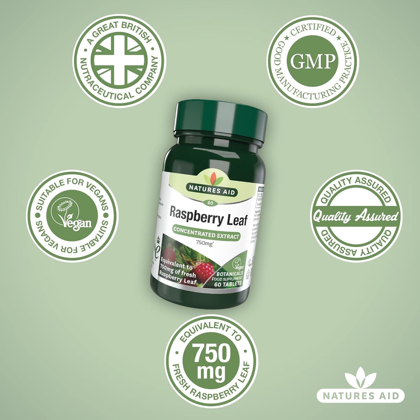 Raspberry Leaf, High Potency, Equivalent to 750 Mg Dried Raspberry Leaf, Vegan, 60 Tablets