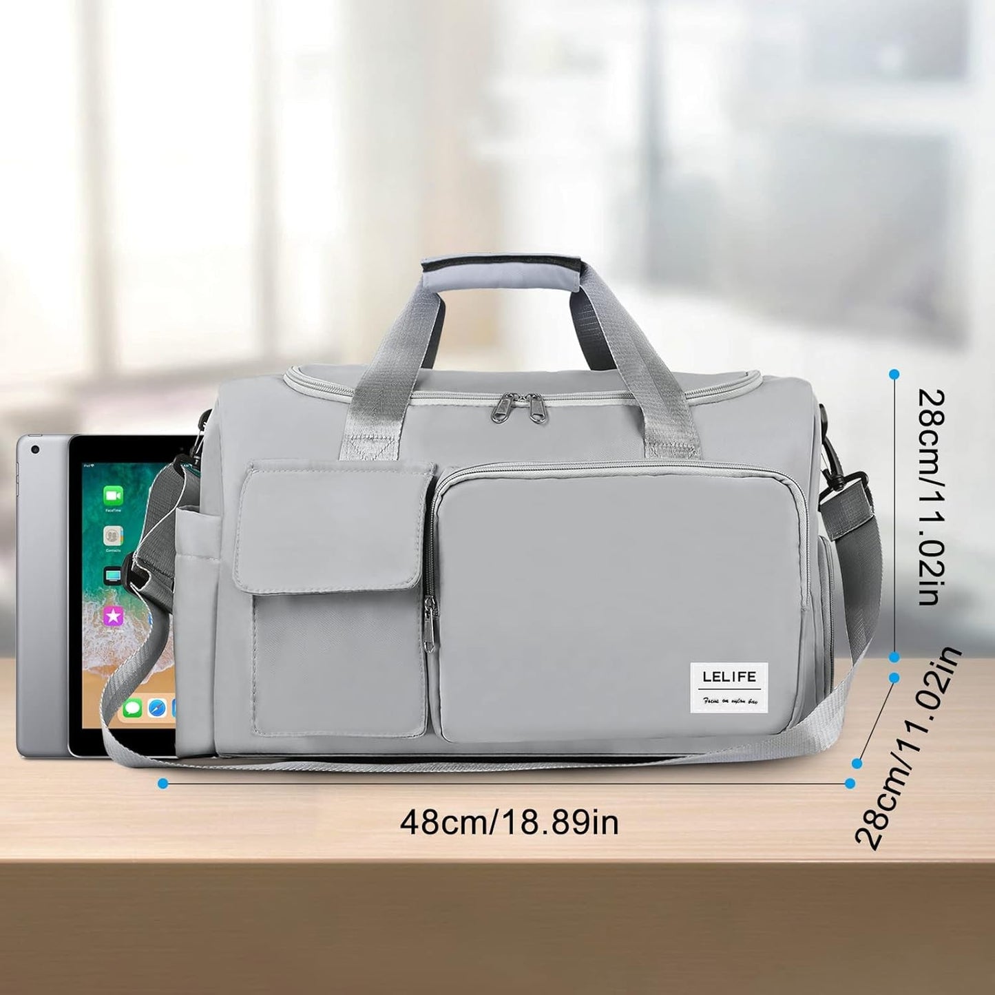 Gym Bag, Travel Bag with Wet Pocket, Portable Overnight Bags for Women, Waterproof Lightweight Gym Bag Mens for Weekender, Vacation(Grey)