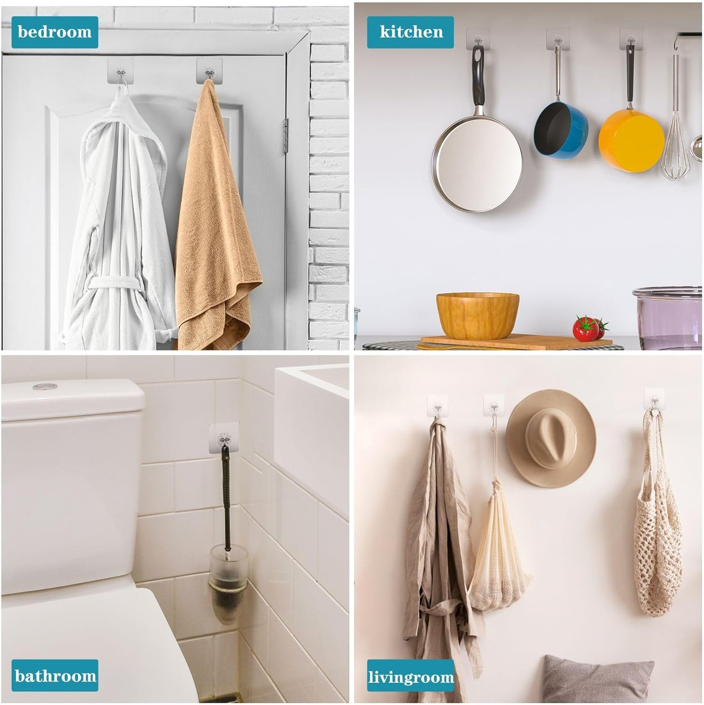 Wall Hooks 15Kg(Max) Heavy Duty Self Adhesive Hooks 10 Pack,Waterproof and Oilproof,Transparent Reusable Seamless Hooks Strong,Suitable for Bathroom Kitchen