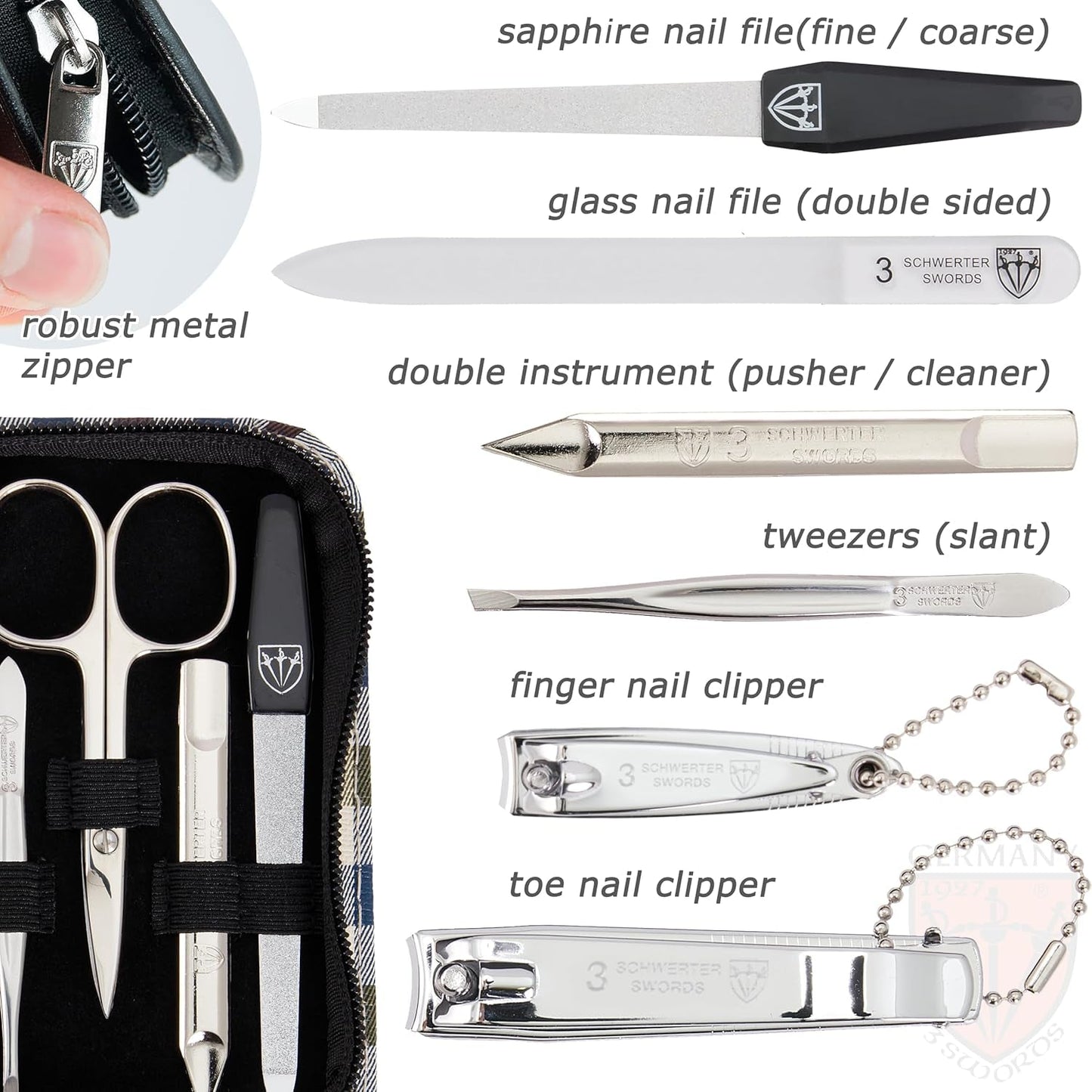 - Brand Quality 8 Piece Manicure Pedicure Grooming Kit Set for Professional Finger & Toe Nail Care Scissors Clipper Fashion Leather Case in Gift Box, Made by 3 Swords (002013)