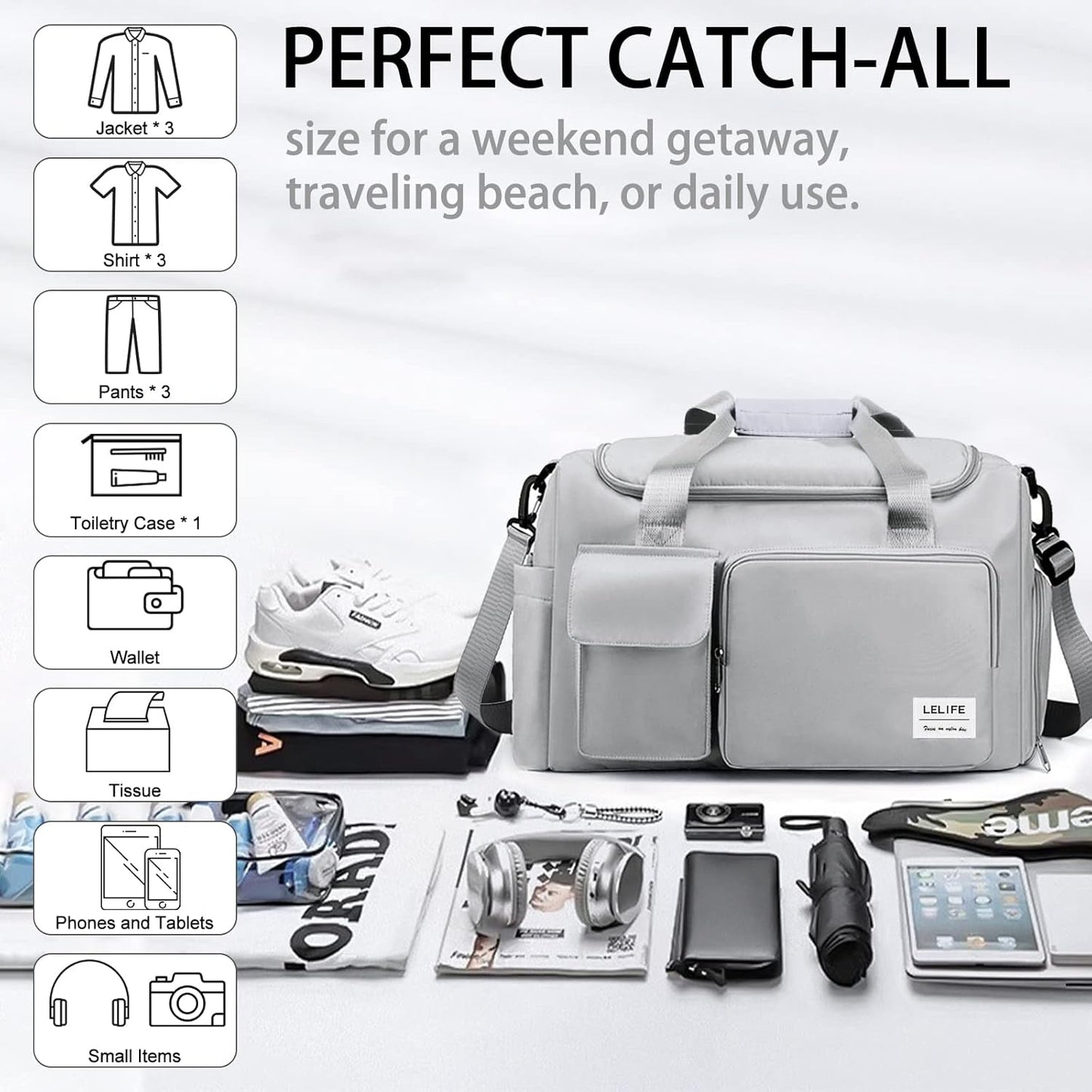 Gym Bag, Travel Bag with Wet Pocket, Portable Overnight Bags for Women, Waterproof Lightweight Gym Bag Mens for Weekender, Vacation(Grey)