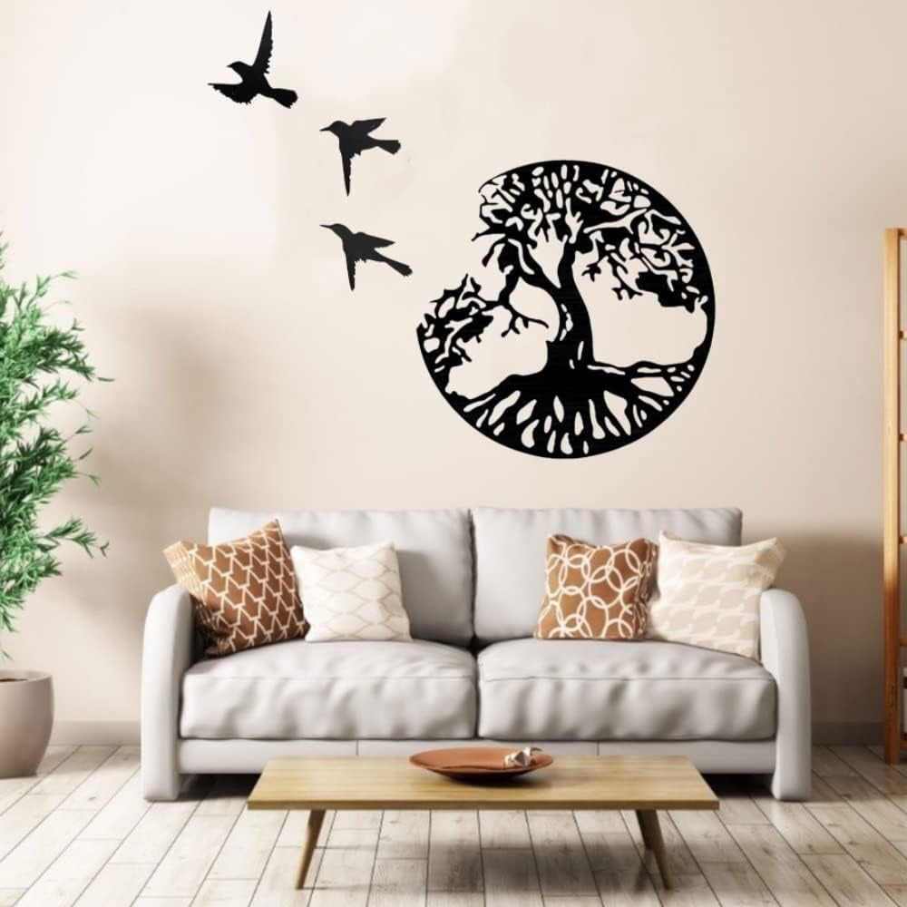 Black Metal Wall Art Tree Life Metal Wall Decor Wall Sculptures Tree Bird Shaped Wall Sign Black Hanging Ornaments for Bedroom Living Room Decoration(28Cm/11.02In)