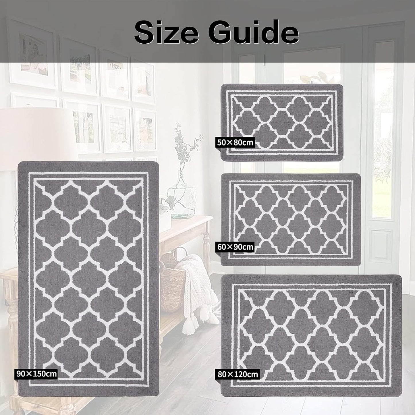 Washable Door Mats Indoor, Dirt Trapper Mat Absorbent Non-Slip Low Profile Doormat for Entrance, Inside, Kitchen, Front Back Door, Pets and Dogs— 50 X 80 Cm, Grey