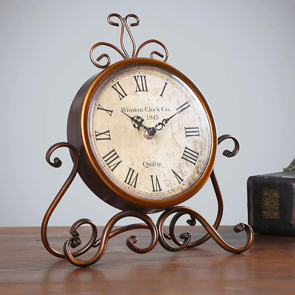 Table Clocks 28 Cm Height Silent Non Ticking Roman Retro Art Desk Clock for Living Room Bedroom Office(Copper)
