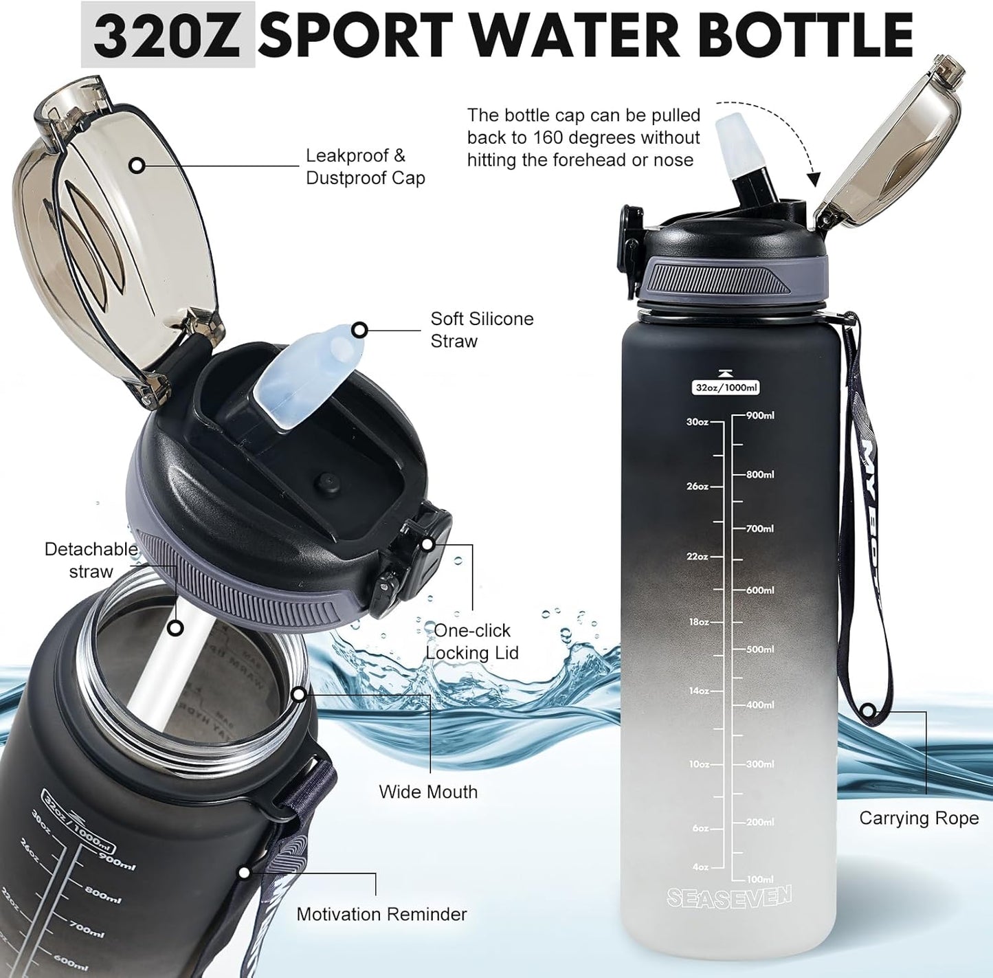 1L Water Bottle with Straw,Plastic Drinks Bottle,1 Litre Sports Water Bottles with Time Markings,Girls Boys Waterbottle Leak-Proof & Bpa-Free for Gym,Cycling, Office, Outdoor