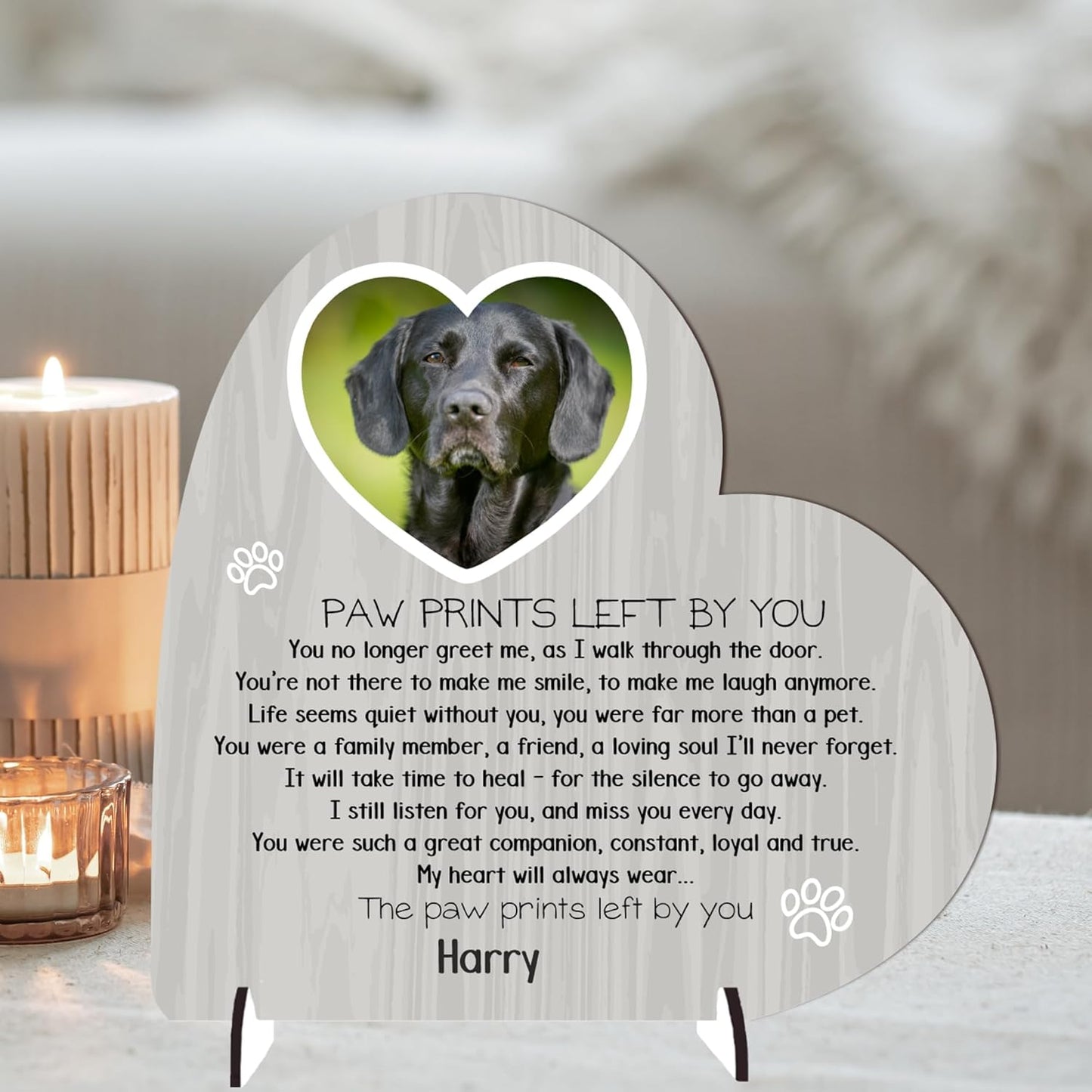 Personalised Pet Bereavement Plaque with Stands - Handcrafted Photo Memorial Decor from MDF Wood, Customisable Design, Mdf Wood Heart on Stands Uk-Made (Mdf Wood 13.5Cm X 13.5Cm, Grey Wood Effect)