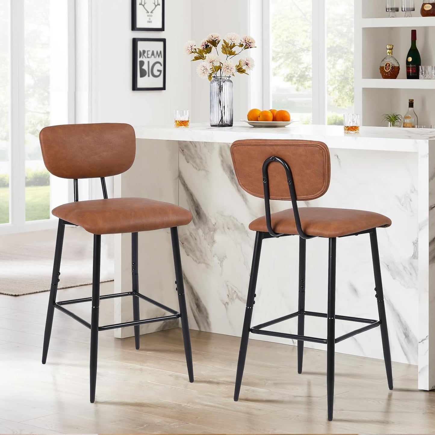 Bar Stools Set of 2, Tall Kitchen Stools with Backrest, Modern Faux Leather Barstools for Breakfast Bars, Counters, Restaurant and Home, Brown