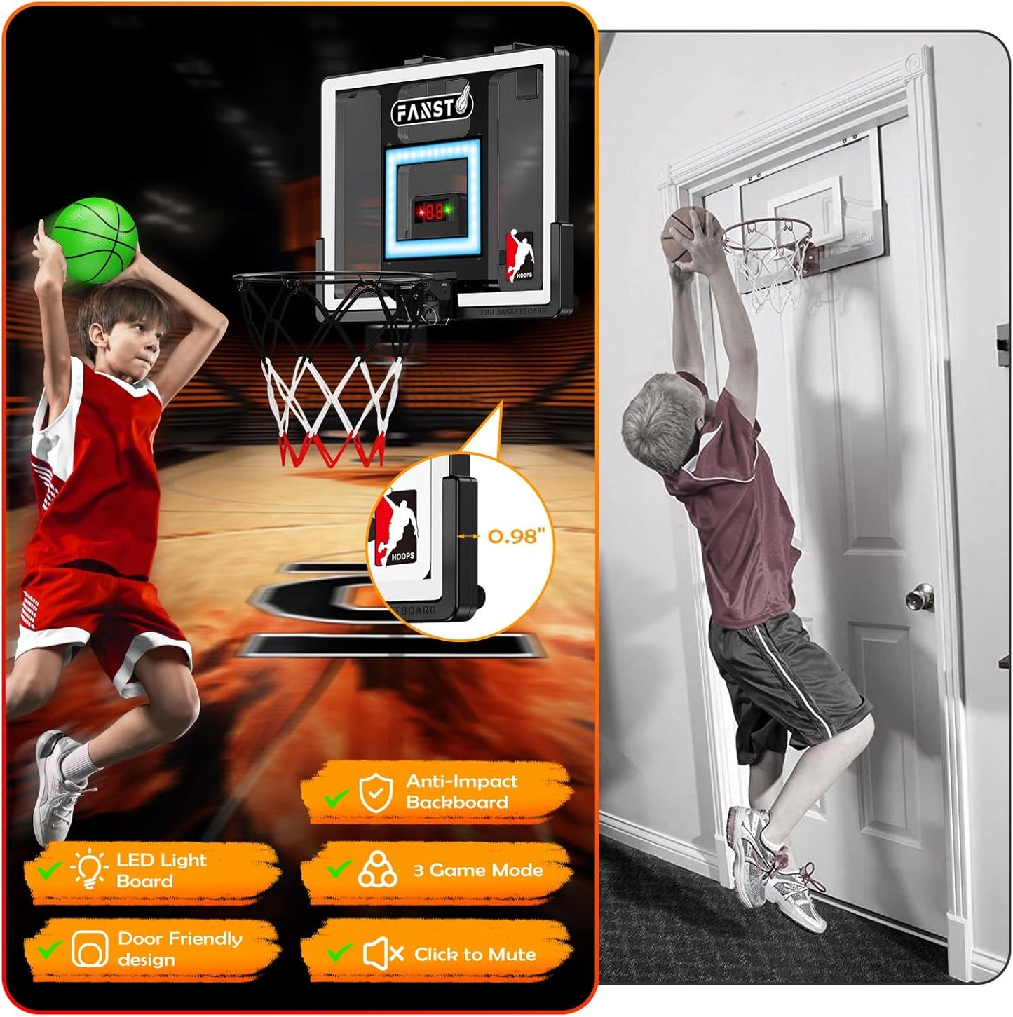 Indoor Basketball Hoop for Kids, over the Door Basketball Hoop with LED Cheering, Anti-Impact, 2 Game Mode& Mute Mode, Mini Door Room Basketball Toy Gift with 4 Ball for 5 6 7 8 9 10 11 12 Old Boys