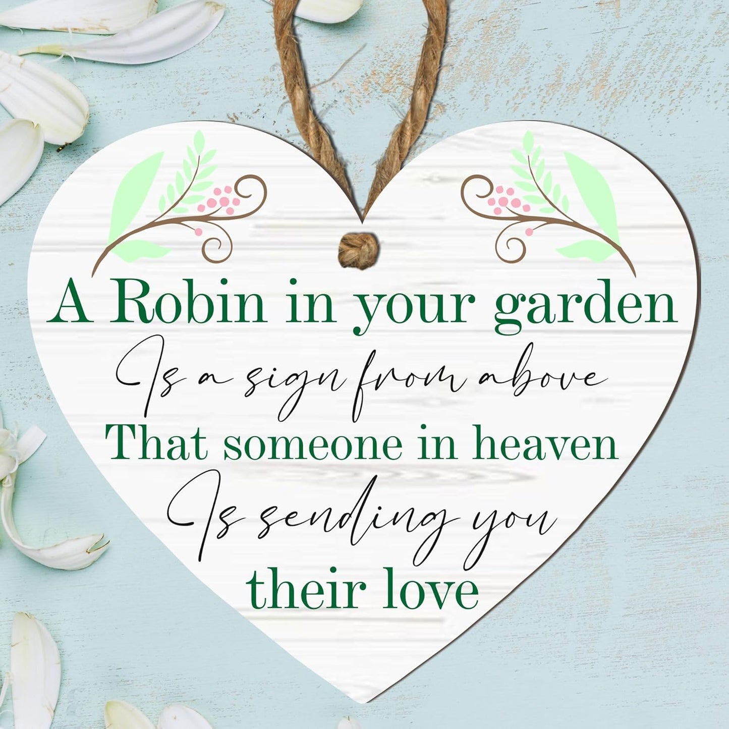 Robin Memorial Garden Grave Hanging Heart Wooden Heart Memorial Plaque with Robin Design - Remember Loved Ones in Heaven | Handcrafted Keepsake | Modern Rustic Home Decor | Made in UK