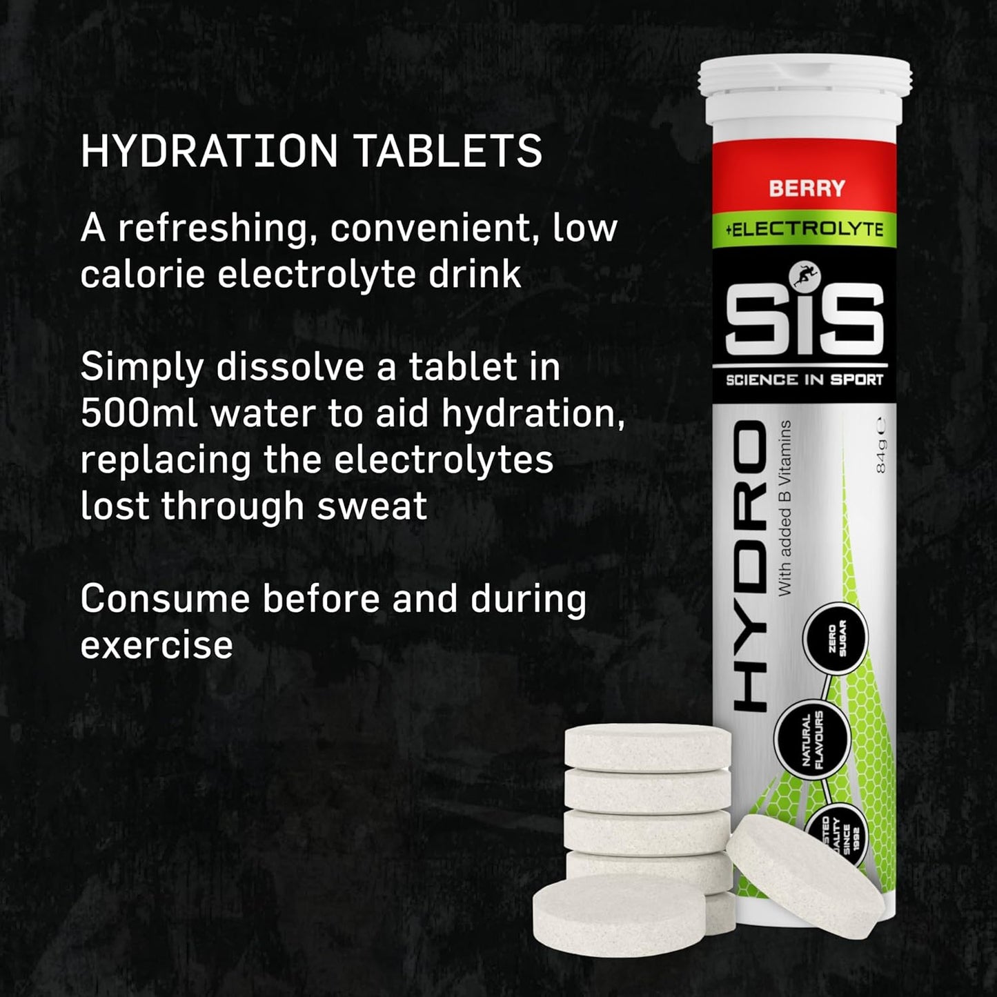 Hydro Hydration Tablets, Gluten-Free, Zero Sugar, Berry Flavour plus Electrolytes, 20 Effervescent Tablets per Bottle (3 Bottles)