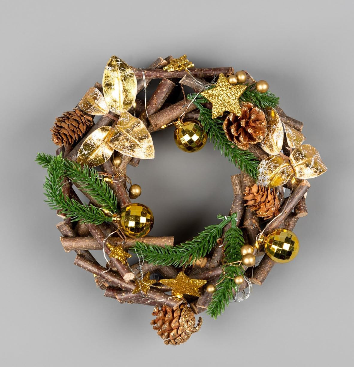 22Cm Prelit Wreath Battery Operated - Wooden Twigs Base Decorated with Golden Baubles,Berries,Leaves,Stars,Foliage,Pine Cones, Micro Rice LED Lights - Christmas Home Hanging Decoration