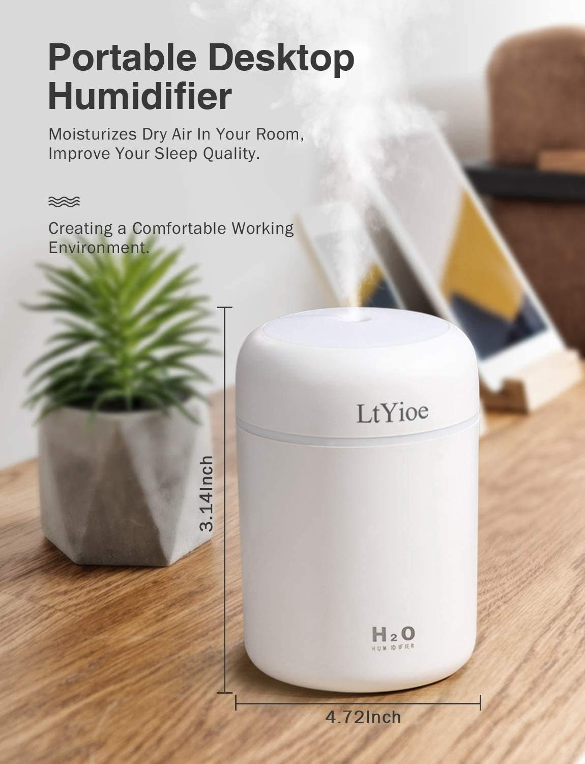 Humidifier Portable Mini Humidifiers for Bedroom, Personal Desktop Air Humidifier with Colorful Cycling Light, 2 Mist Modes and Auto Shut-Off, Super Quite for Office Home Car(White)