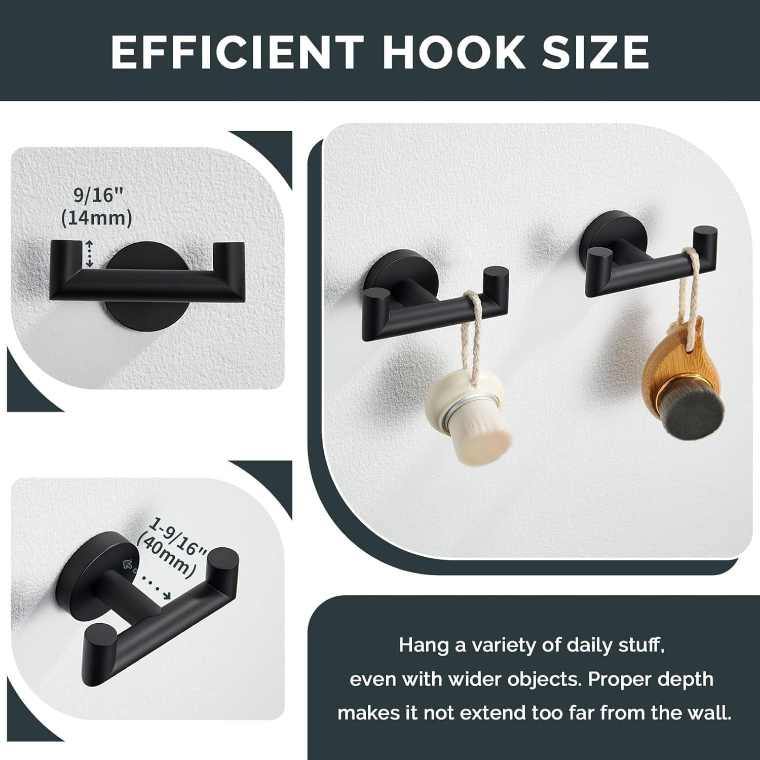 Double Door Hooks for Bathrooms, Matte Black Hooks for Kitchen Bathroom, SUS304 Stainless Steel Coat Hook, Heavy Duty Towels Holder for Hanging Towel, Coats,Sponges, Clothes, Wall Mount, 2 Packs