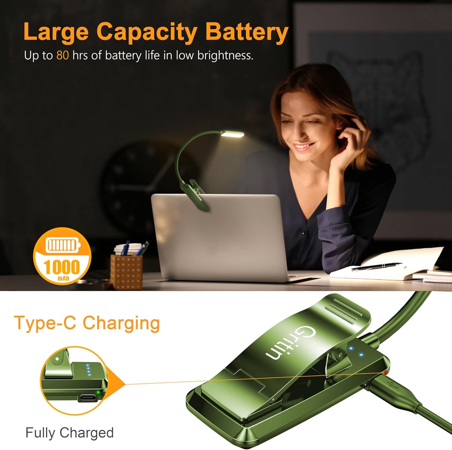 9 LED Clip on Book Light, 3 Eye-Protecting Modes Flexible Reading Light Book Lamp (Warm&Cool White) -Stepless Dimming, Rechargeable, Long Battery Life, 4-Level Power Indicator-Intense Green