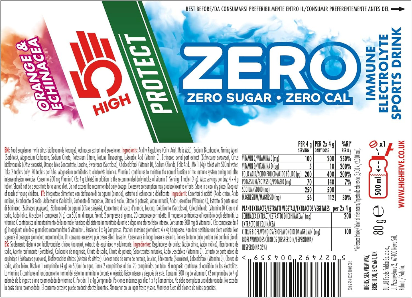 ZERO Protect Electrolyte Tablets | Hydration Tablets with Vitamin C & D | 0 Calories & Sugar Free | Boost Hydration, Performance & Wellness | Orange & Echinacea, 20 Tablets (20X, Pack of 1)