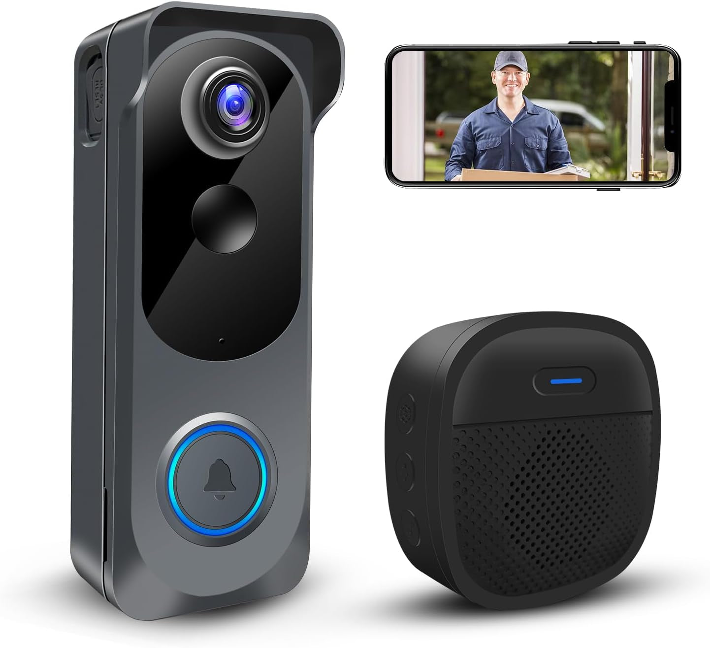 Wireless Video Doorbell Camera with Chime, Voice Changer/Message, PIR Motion Detection, Instant Alerts, 2-Way Audio, 2K HD, Night Vision, 2.4G Wifi, IP66, Battery Powered, Works with Alexa