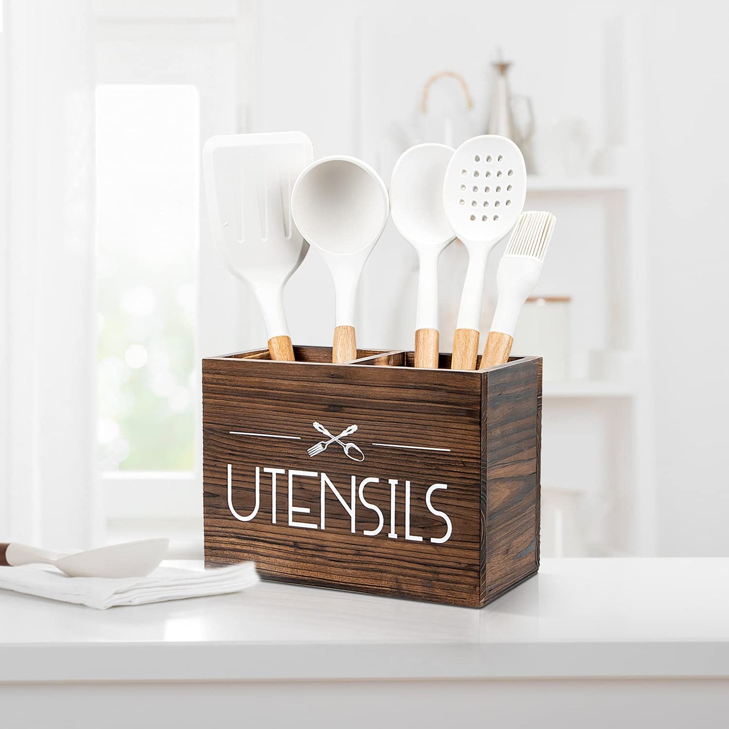 Wooden Kitchen Utensil Holder, Utensil Organizer for Countertop, Rustic Wood for Farmhouse Kitchen Decor, Farmhouse Utensil Caddy with 2 Compartments (Brown)
