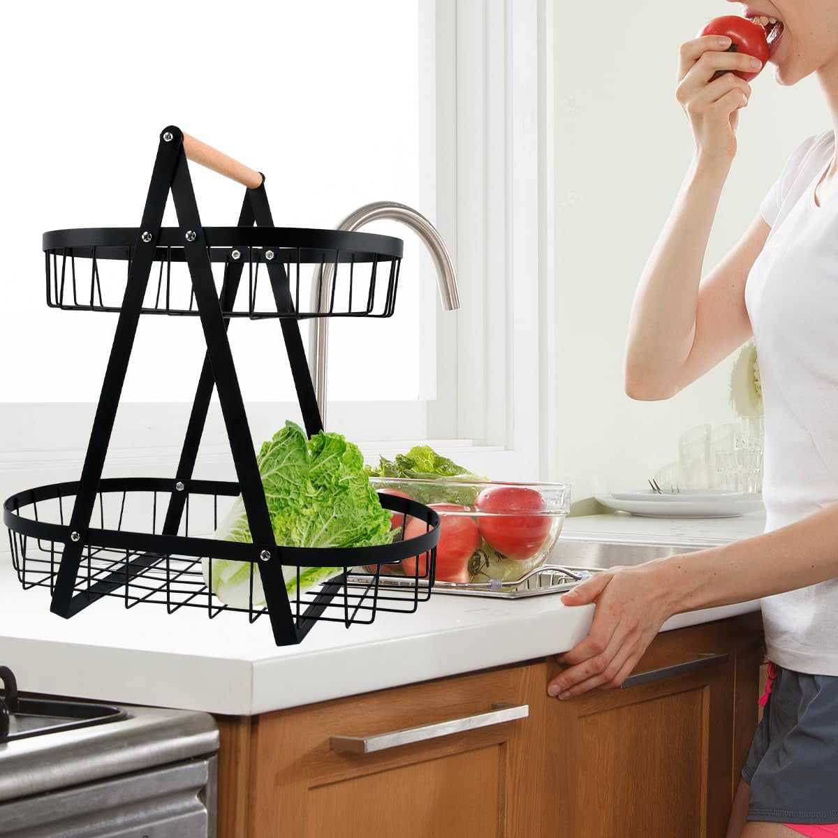 2-Tier Fruit Basket,Fruit Bowl Holder Bread Basket Vegetable Rack, Detachable Fruit Holder for Fruit, Vegetables, Snacks in Home, Kitchen Office,With Screwdriver