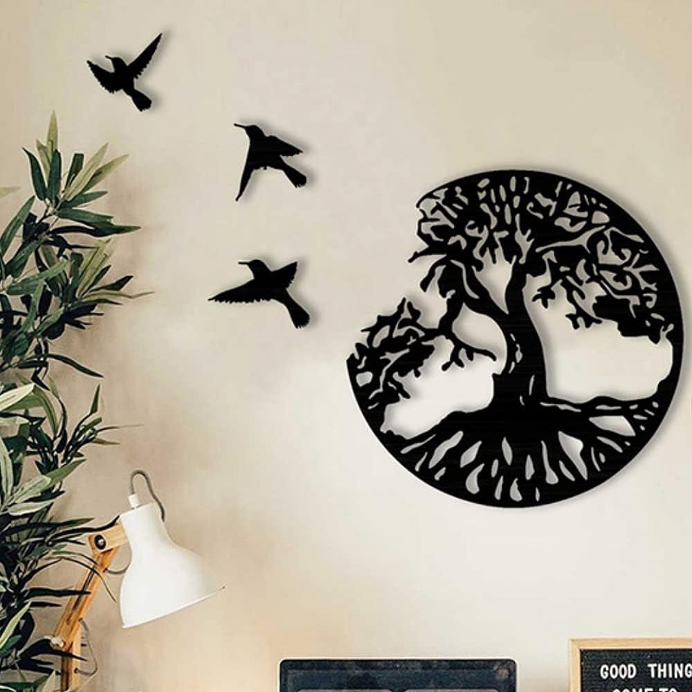 Black Metal Wall Art Tree Life Metal Wall Decor Wall Sculptures Tree Bird Shaped Wall Sign Black Hanging Ornaments for Bedroom Living Room Decoration(28Cm/11.02In)