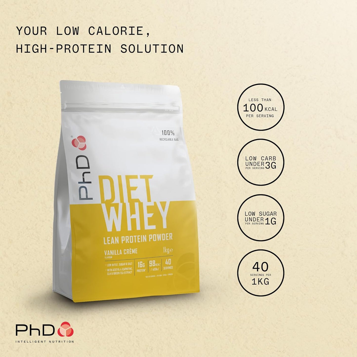 Nutrition Diet Whey High Protein Lean Matrix, Vanilla Crème Whey Protein Powder, 16G of Protein, 40 Servings per 1 Kg Bag