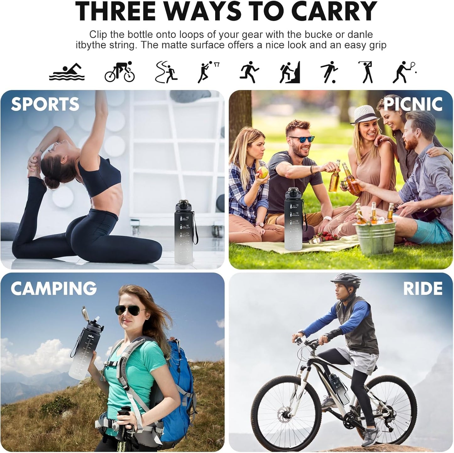 1L Water Bottle with Straw,Plastic Drinks Bottle,1 Litre Sports Water Bottles with Time Markings,Girls Boys Waterbottle Leak-Proof & Bpa-Free for Gym,Cycling, Office, Outdoor