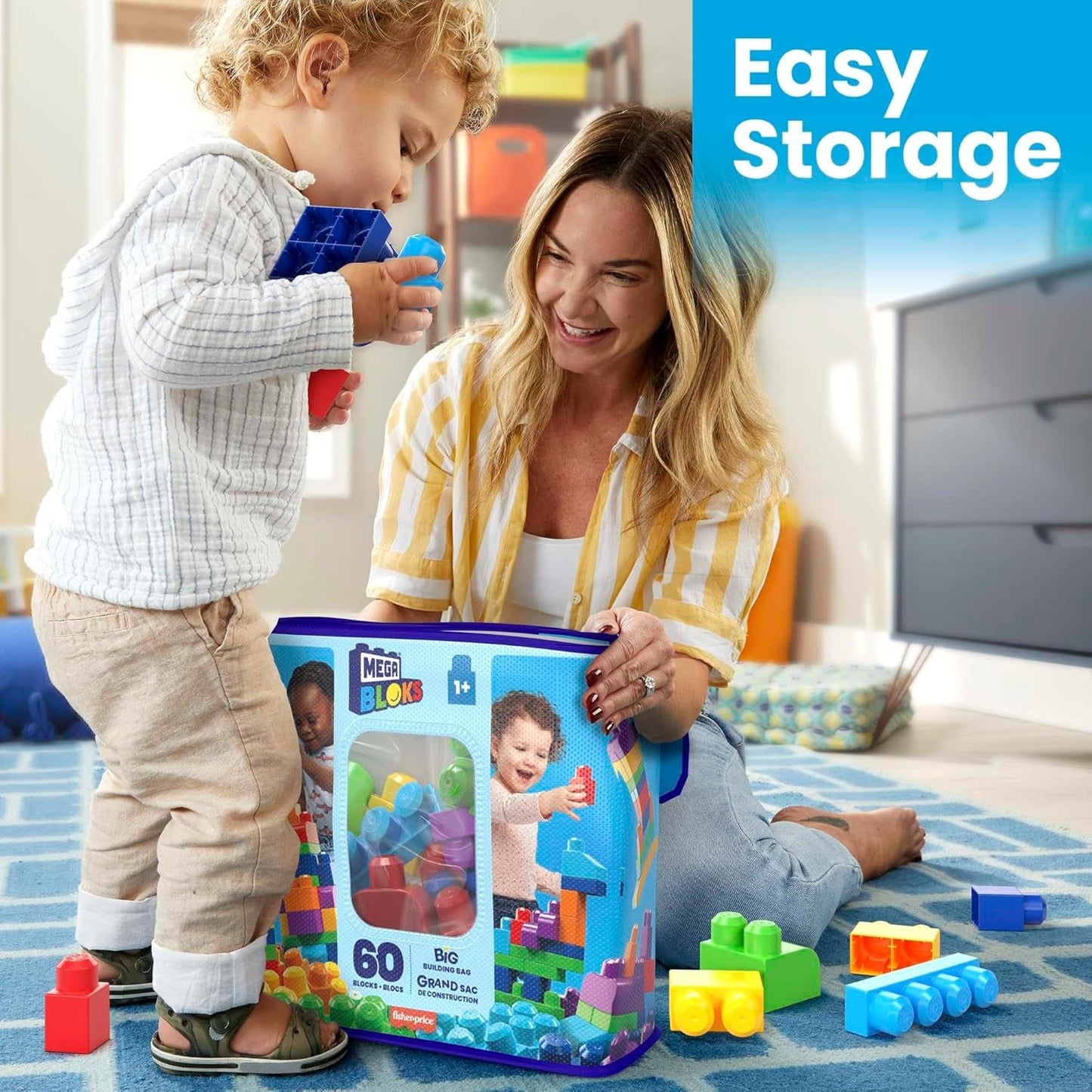 BLOKS Big Building Bag Building Set with 60 Big and Colorful Building Blocks, and 1 Storage Bag, Toy Gift Set for Ages 1 and Up, DCH55