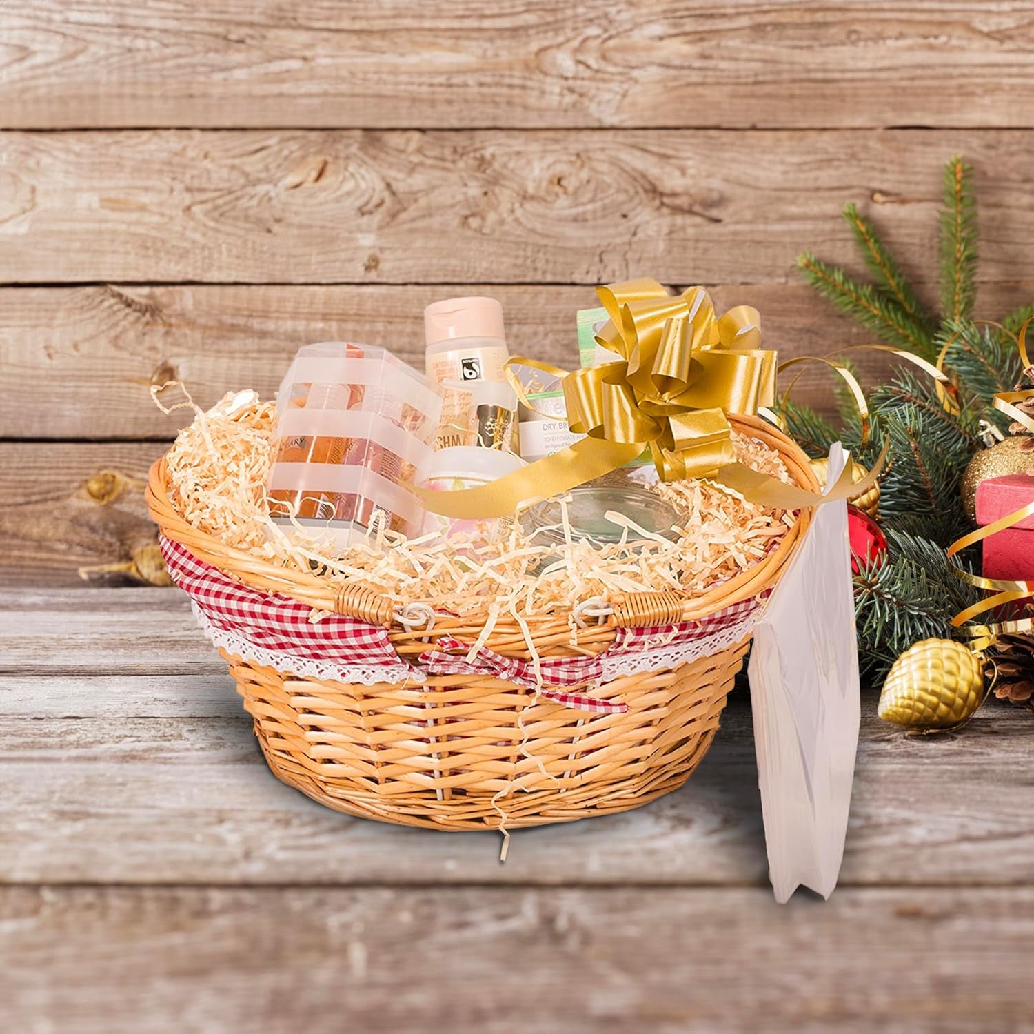 Honey Foldable Handles Wicker Shopping Baskets Gift Hamper with Fabric Lining Reusable One Size (Basket with Gift Packaging Accessories)