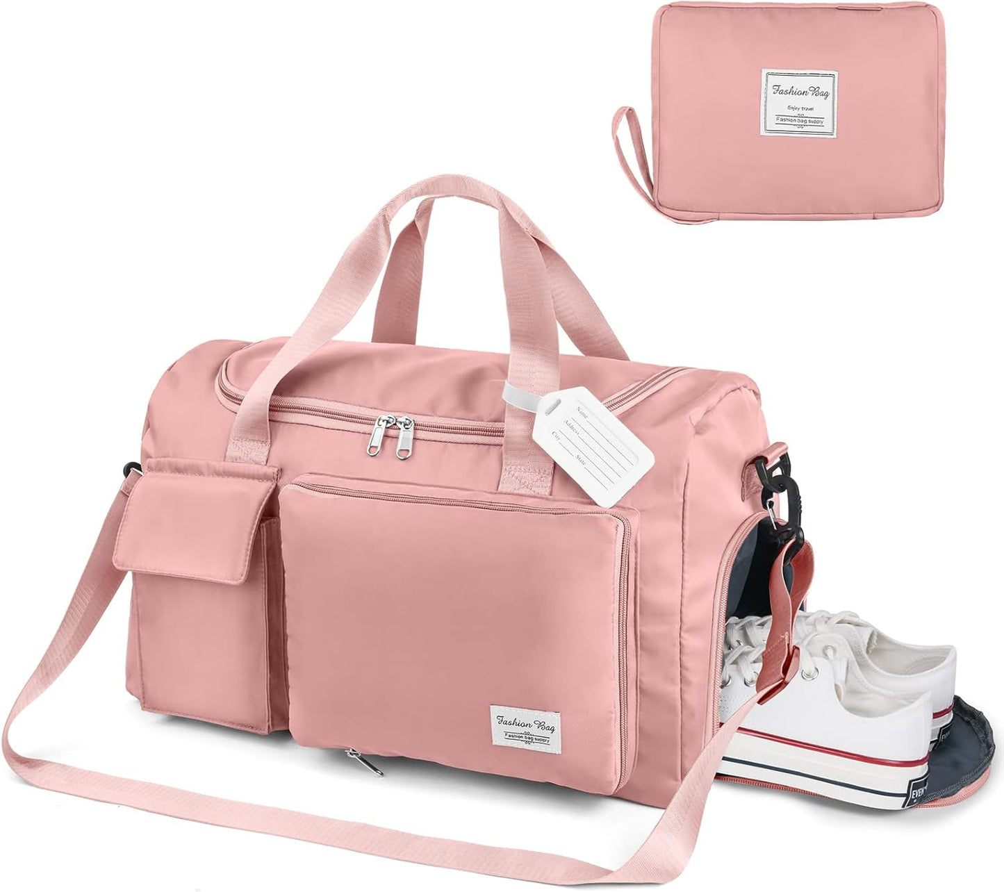 Duffel Bag, Foldable Overnight Weekend Bags for Women, Lightweight Hospital Bag with Wet and Dry Separation Bag, Large Holdall/Cabin/Gym Bag for Sports and Travel - Pink